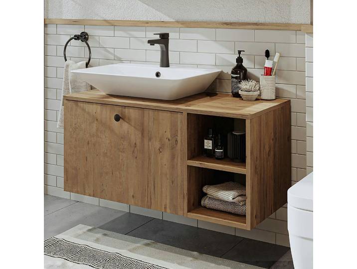 Meuble vasque suspendu 95 cm 1 tiroir ONDO - Pin