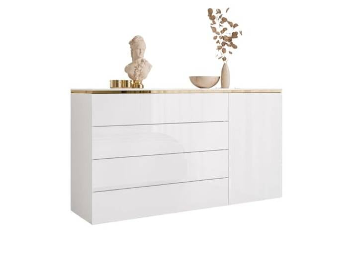 Lookway Kommode Aurora 4S1D Weiß Hochglanz mit Golddekor, Hängend oder Stehend auf Goldfüßen – Modernes Design & Luxus (Hängend)
