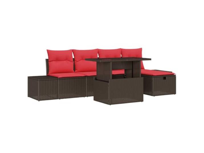 KTHLBRH Gartenmöbel-Set aus Polyrattan, 6-teilig, Braun Modulare Sessel, abnehmbare Kissen, verstellbarer Glastisch, Akazienholz, versteckte Fächer, lackierter Stahl