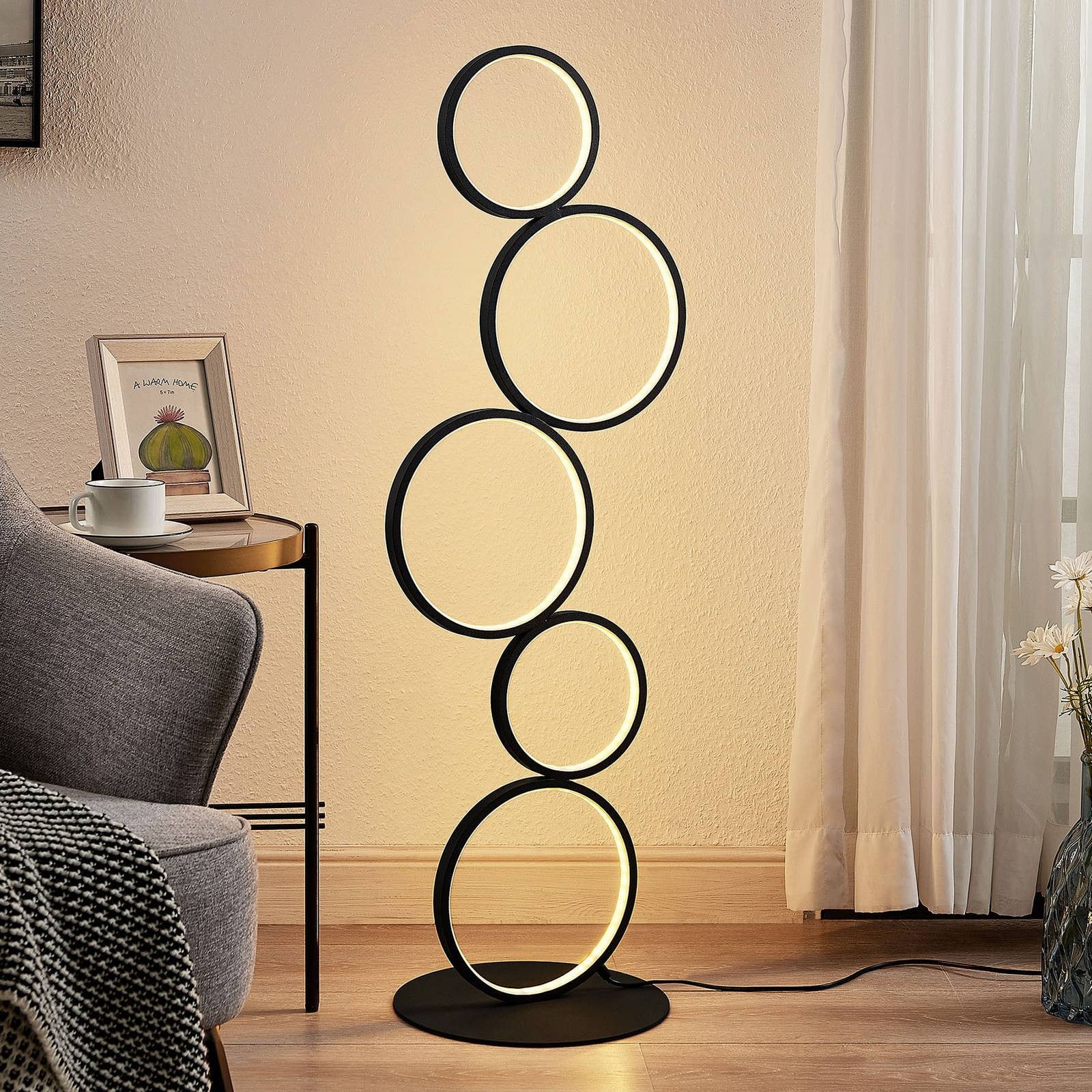 Lindby LED-vloerlamp Ring, zwart, modern, metaal