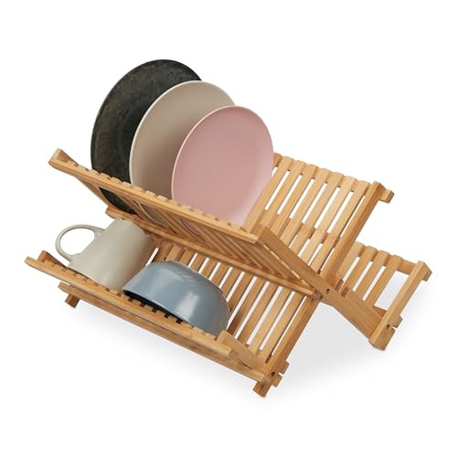Relaxdays Inklapbaar Bamboe Afdruiprek met Druiptray, Beige/Bruin