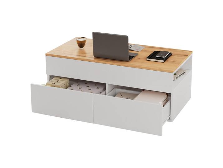 ComfortXL Couchtisch De-074 Lift Weiß/Holz, 100x40x50 cm, Wohnzimmer, Wohnzimmertische, Couchtische