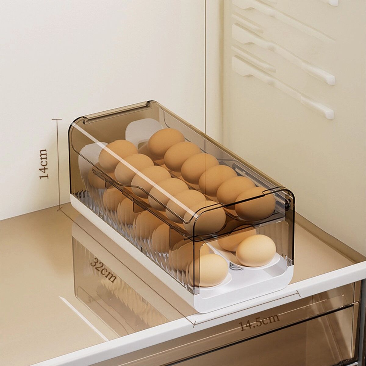 INF Eieraufbewahrungsbox aus lebensmittelechtem Kunststoff für Kühlschrank oder Gefrierschrank mit Rollregal und Grau