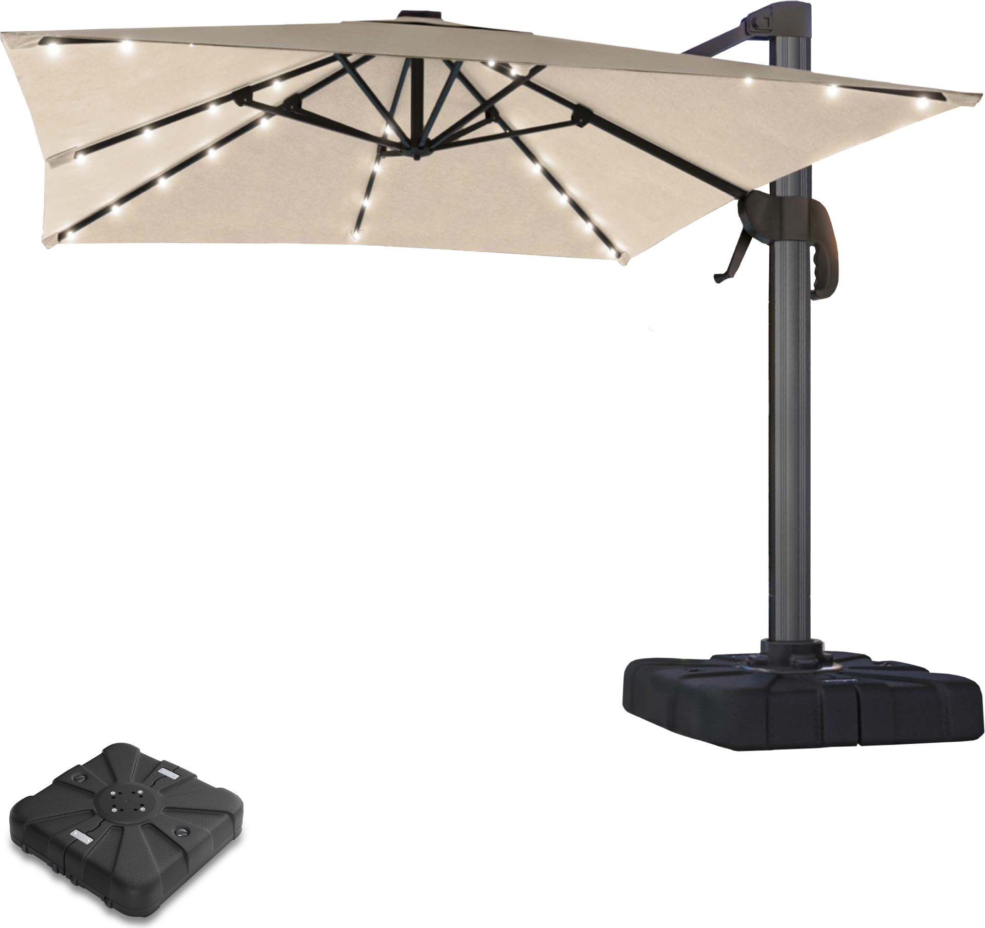 SUN LUIS | Sonnenschirm | Quadratisch | B:T 300 x 300 cm | Taupe | LED | +Ständer | Sonnenschirm, Gartenschirm, Ampelschirm, Balkonschirm