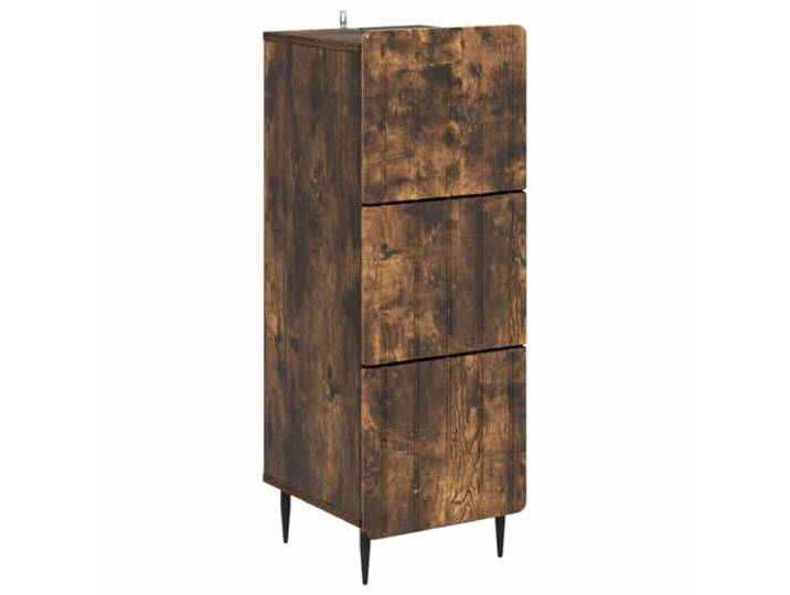 KLGBNCVE Schubladenschrank 33 x 34,5 x 92 cm Holzwerkstoff Räuchereiche Auszieh-Schubladen, elegante Knöpfe, konische Metallbeine, Streifenmuster, runde Kanten, leicht mit feuchtem Tuch zu pflegen
