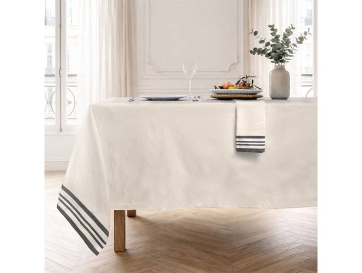 Nappe + 8 serviettes coton 180x350 beige lin & noir