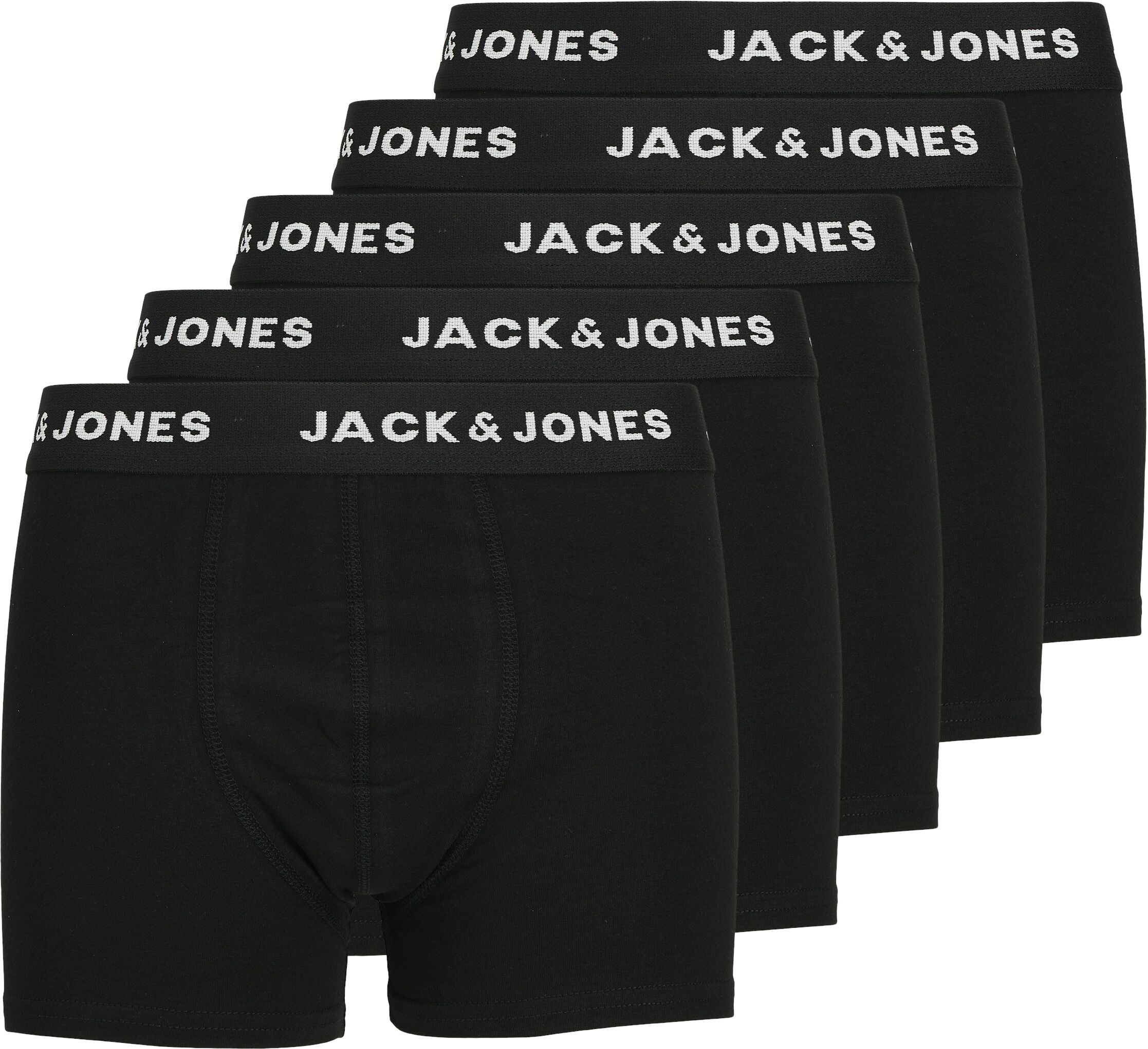 Trunk JACK & JONES JUNIOR "JACHUEY eng anliegend, mit Stretchbund, 5er Pack", Jungen, Gr. 176, 5 Stk., Jersey, schwarz (schwarz pack), Jersey, Obermaterial: 95% Baumwolle, 5% Elasthan, unifarben, eng, Unterhosen Trunk, unifarben, casual, eng, Jersey schwa