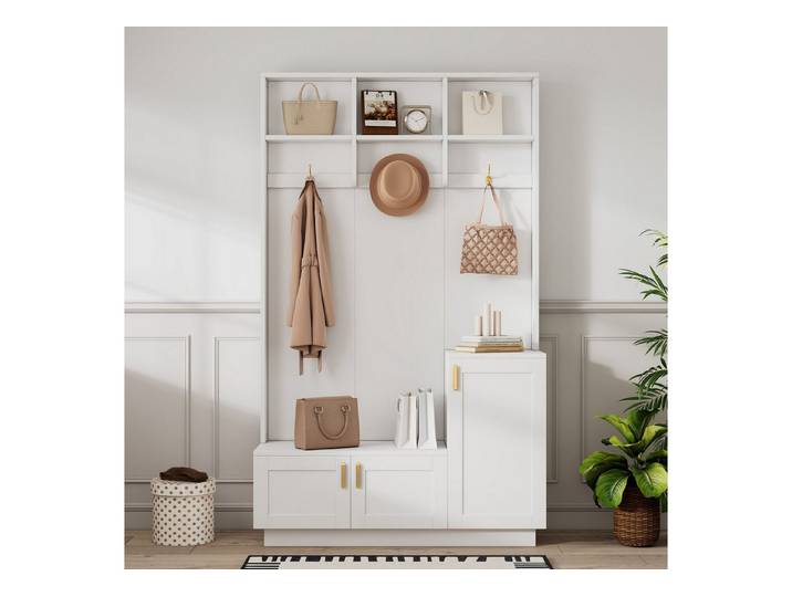 Celya Garderoben-Set mit Bank, Schuhablage, 3 hängenden Haken und offenem Stauraum, (Rechteckige Aufbewahrung und Regale Garderobe für Flur)