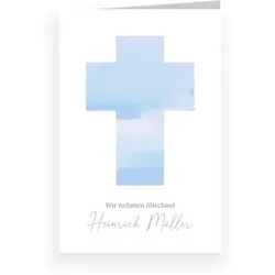 Einladungen Trauerfeier Beerdigung in Blau im Design "Aquarellkreuz" - Musterkarte