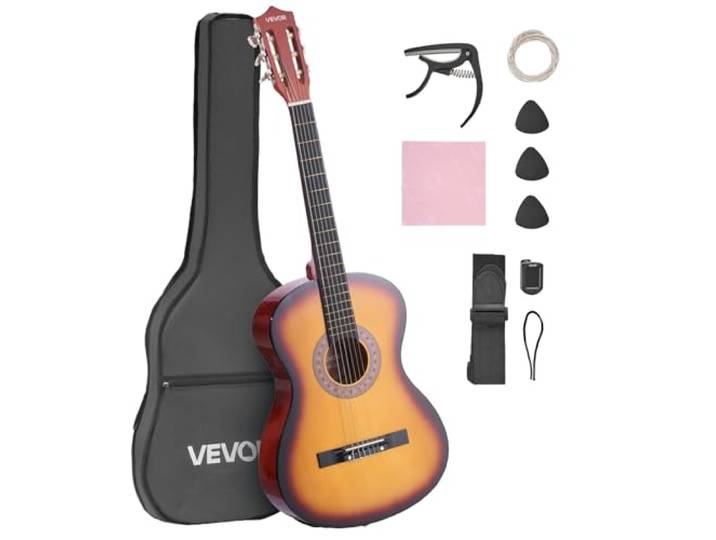 VEVOR Guitare Classique Débutants\, 96 cm\, Kit avec Cordes en Nylon\, Housse de Transport\, Sangle\, Accordeur\, Cordes Supplémentaires\, Médiators\, Capodastre\, en Tilleul\, pour Jeunes Enfants et Musiciens