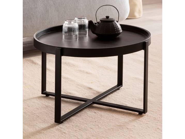 Table Basse Ronde - WOHNLING - Mango Bois Massif - Métal - 60x60x35 cm - Design Moderne