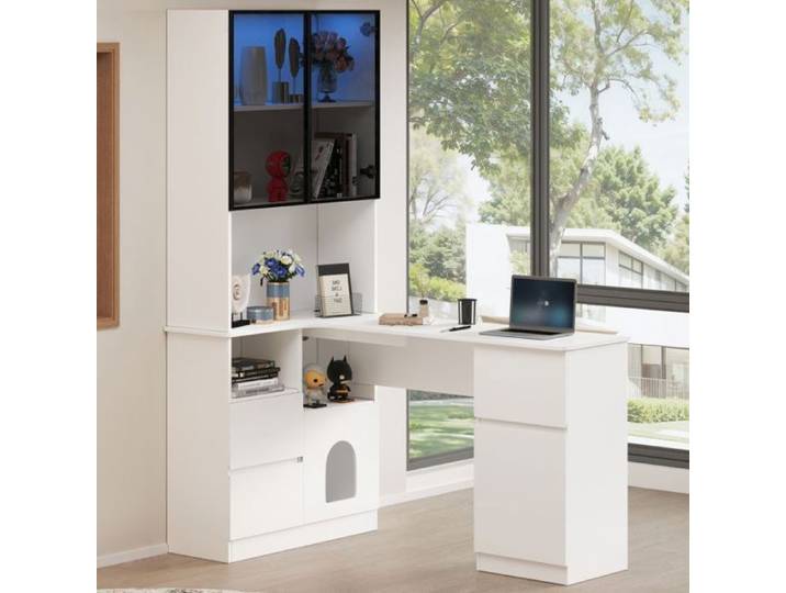 Bureau d'angle Multifonction 120x80x180 cm Vitrine LED Bibliothèque avec Verre Gris Passage Câbles 3 Tiroirs MEUBLE INFORMATIQUE