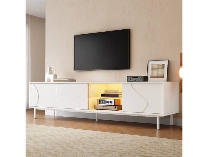 Meuble TV 180 Cm Blanc En MDF Banc TV Minimaliste FloraGrace Pour Salon LED Réglable Par App 180x40x45cm