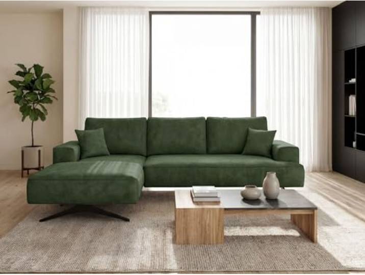 GRAINGOLD Leto Ecksofa 260x165 cm, L-Form Sofa, Ecksofa für Wohnzimmer, Velours-Stoff, 3-Sitzer Eckcouch, Modernes Design (Grün, Links)