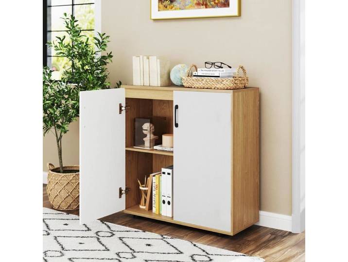 GOPLUS Buffet de Cuisine avec Étagère Ajustable Meuble Fermé avec Kit Antivol pour Entrée Couloir Salon 80x31x82cm Naturel