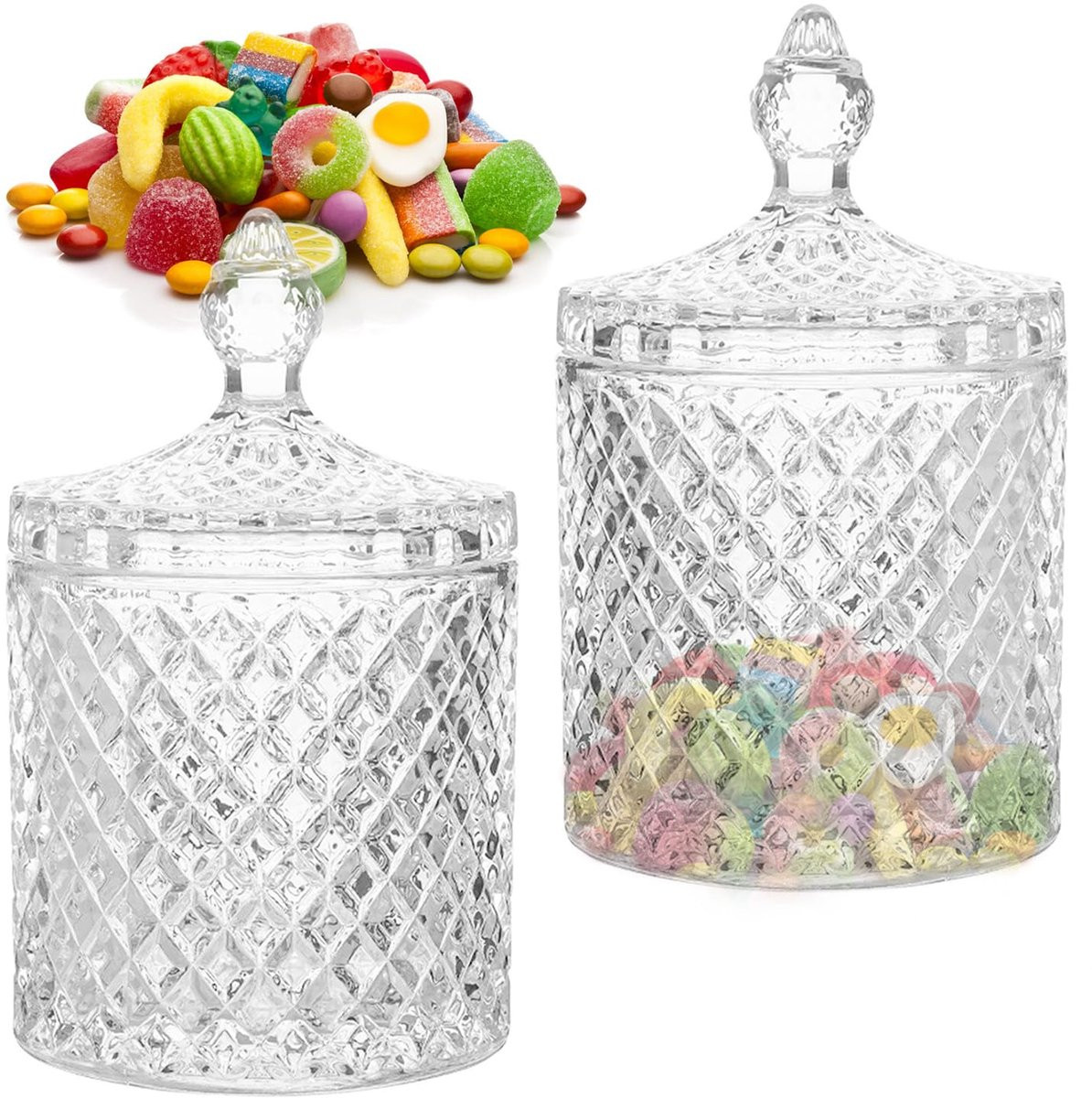 Set van 2 Kristallen Snoeppotten met Deksel - Vintage Glazen Snoepcontainers voor Snoepjes, Chocolade en Koekjes