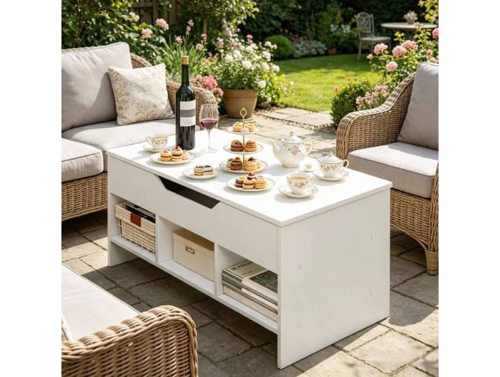 Table basse relevable – Blanc – Plateau rectangulaire avec rangements intégrés