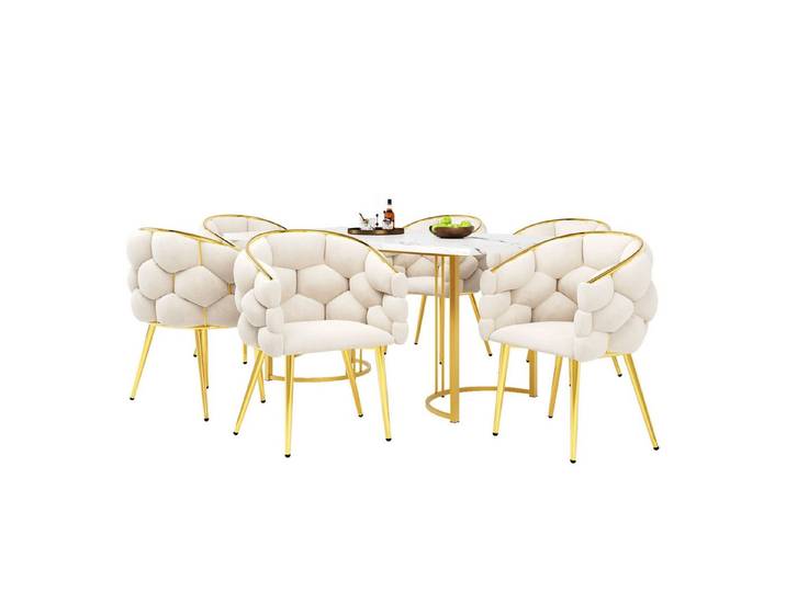 REDOM Esstisch Geschwungenes Küchentisch,Moderne Esstisch-Set (Elegantes 7-teiliges Esstisch-Set mit 6 Stühlen – Moderne Esszimmermöbel mit goldenen Metallbeinen, Marmortischplatte und Samtpolster, 7-St)