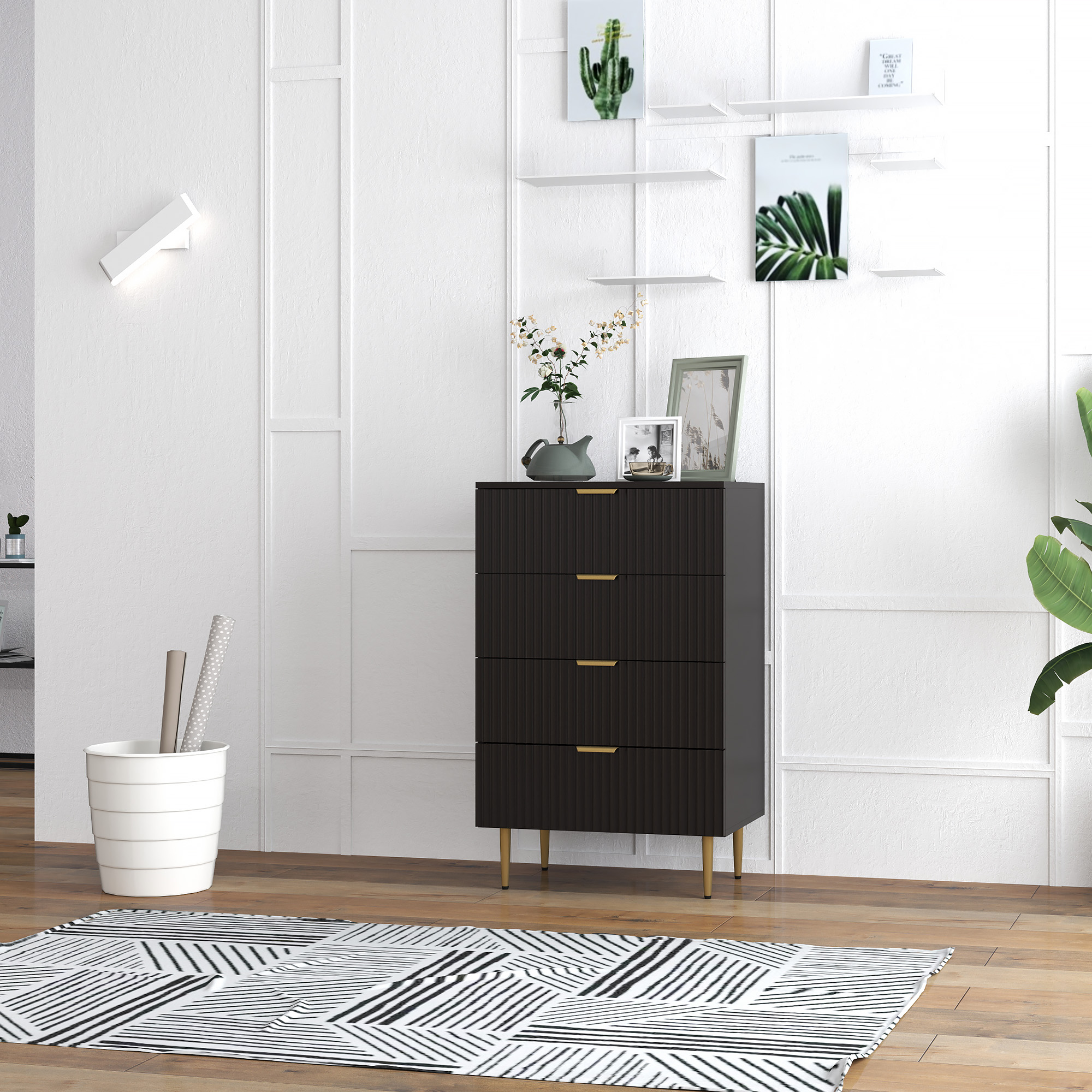 Homcom Cassettiera da 4 Cassetti Moderna, Comò con Maniglie Dorate e Dispositivo Antiribaltamento, 60x40x96 cm, Nero   Aosom Italy