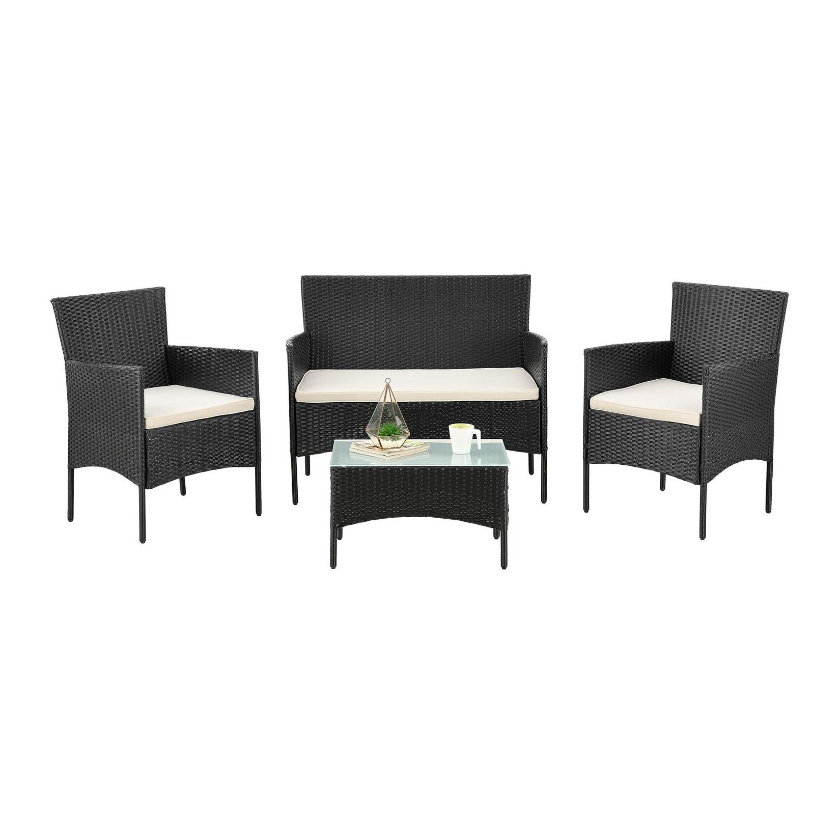 Juskys Polyrattan Gartenmöbel-Set Fort Myers schwarz mit Tisch, Sofa, 2 Stühle & Auflagen