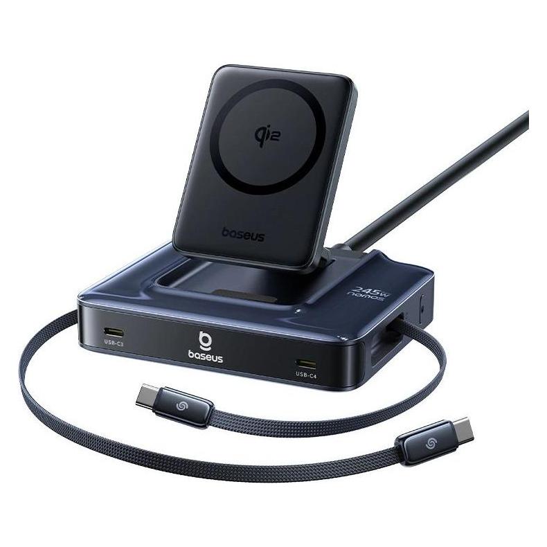 Baseus Stacja ładująca Nomos NH21 6w1 245W bezprzewodowa z dwoma zwijanymi kablami USB-C - czarna (6932172695972)