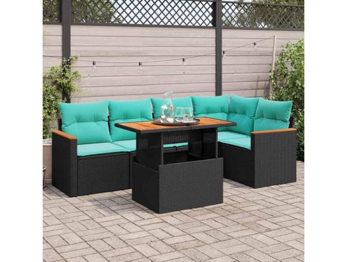 KTHLBRH Gartenmöbel-Set 6-teilig mit schwarzen Kissen aus Polyrattan Aufbewahrungsbox, Tisch mit verstellbarer Tischplatte, pulverbeschichteter Stahl, wetterfest