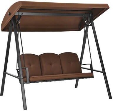Costway Outdoor 3-Seat Porch Swing with Adjust Canopy and Cushions-Coffee