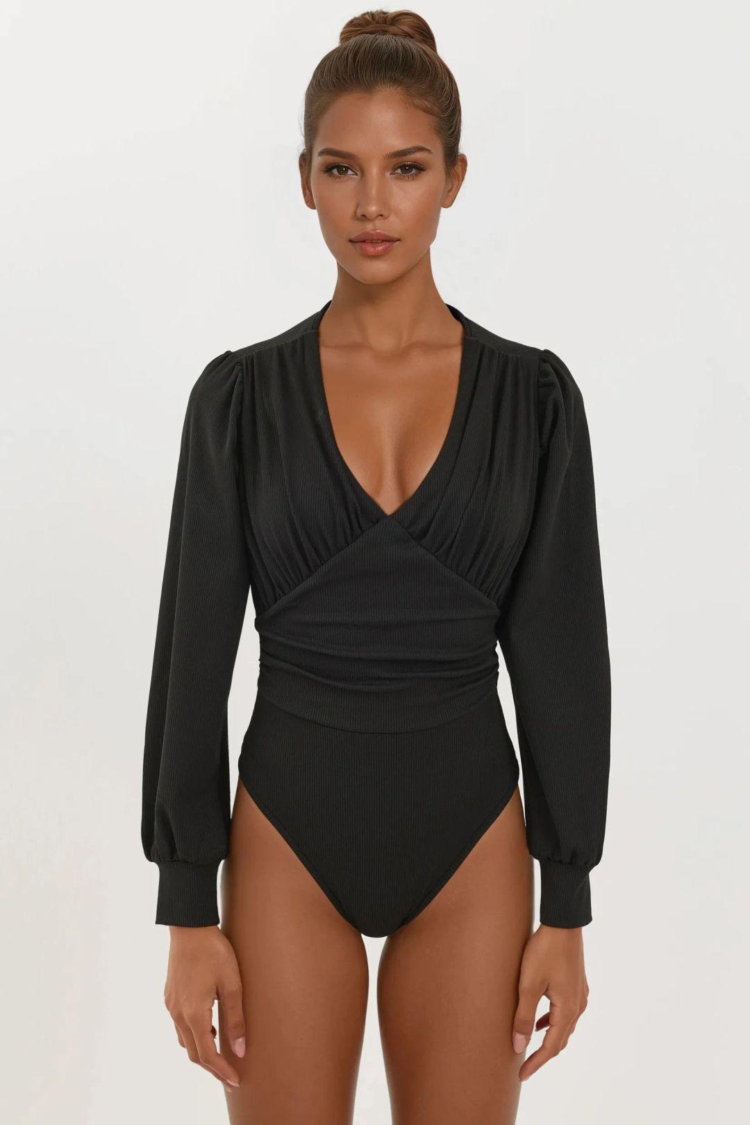 Hiccup Slim-Fit-Body mit V-Ausschnitt und Ballonärmeln - Schwarz
