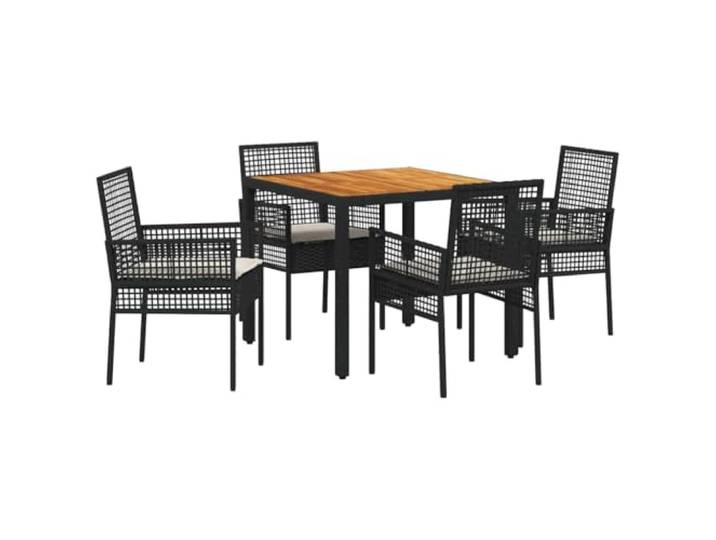 PUGYNBK Garten-Esszimmer-Set, 5 Stück, Schwarz, synthetisches Rattan Stahlrahmen mit Pulverbeschichtung, weiche Schaumstoffkissen, abnehmbare Bezüge, Tisch aus Akazienholz