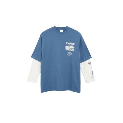 Oversize-Shirt S.OLIVER JUNIOR, Jungen, Gr. 170/176, blau, Jersey, Obermaterial: 100% Baumwolle, oversize hüftlang, Rundhals, Shirts, Oversize-Form im 2in1-Look
