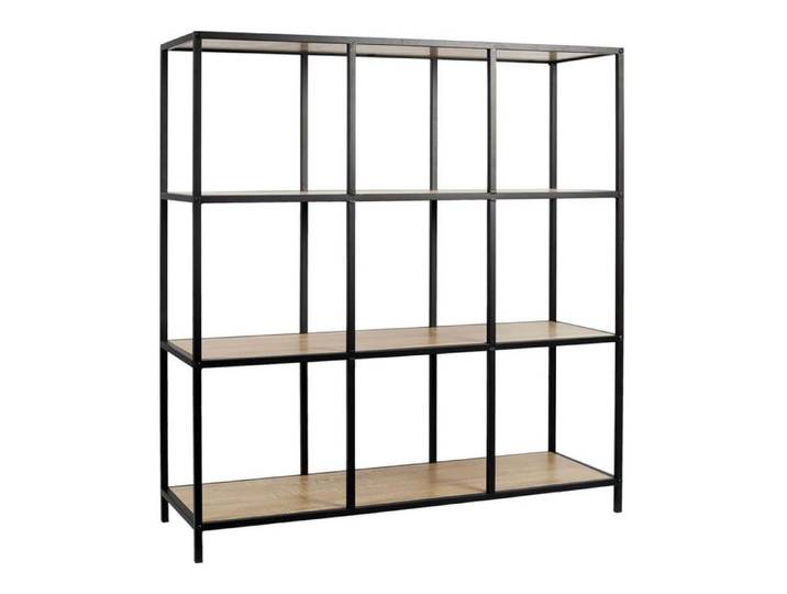 ELIAS - Etagère 9 cases en métal noir et plateaux MDF aspect bois