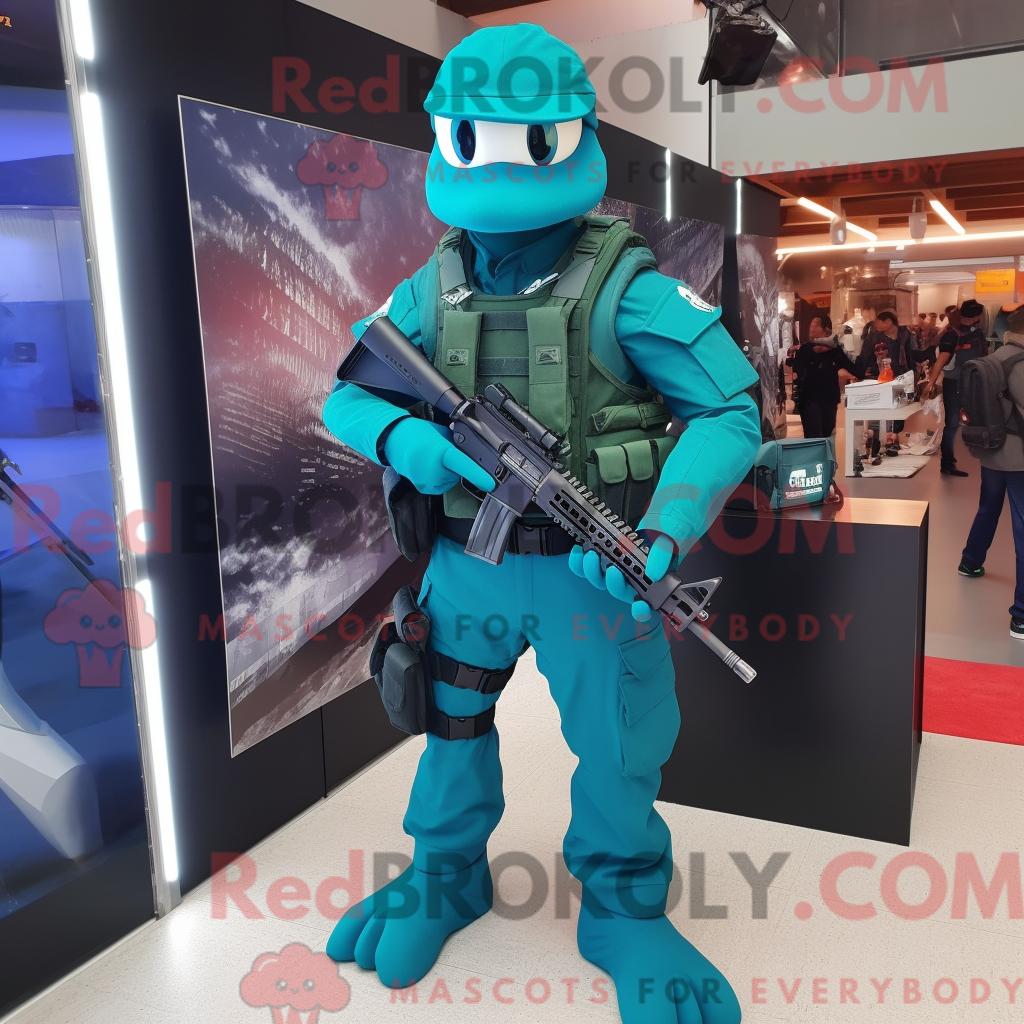 Maskottchen REDBROKOLY eines blaugrünen Para-Kommandos mit Röhrenjeans und Aktentasche