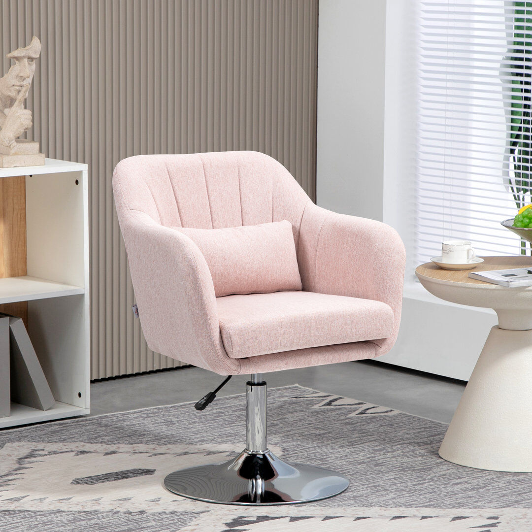 George Oliver HOMCOM Stylish Retro Linen Swivel Tub Chair Steel Frame Cushion Seat Pink Pink 91cm H X 60cm W X 60cm D