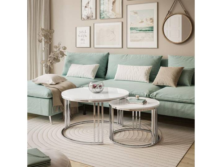 Runder Couchtisch 2in1 LORI silberner Chrom Hochglanz