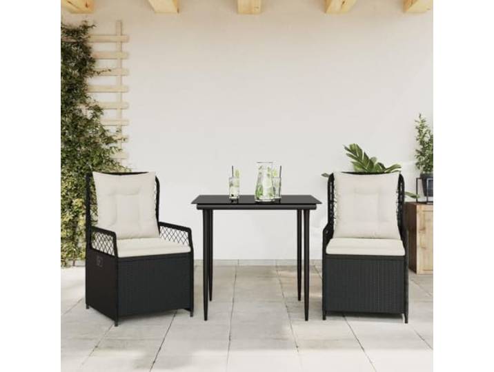 KTHLBRH 3-teiliges Gartenmöbel-Set aus Polyrattan, mit Kissen, Schwarz Verstellbare Sessel, Couchtisch aus gehärtetem Glas, verstellbare Rückenlehne, waschbar