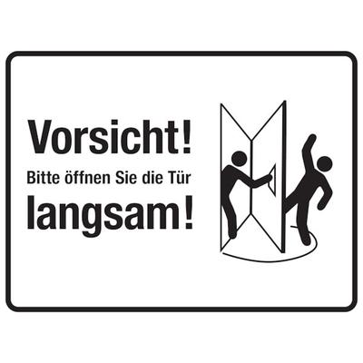 Türschild, Bitte öffnen Sie die Tür langsam!, links, weiß, 150 x 200 mm - 200x150 mm Folie selbstklebend