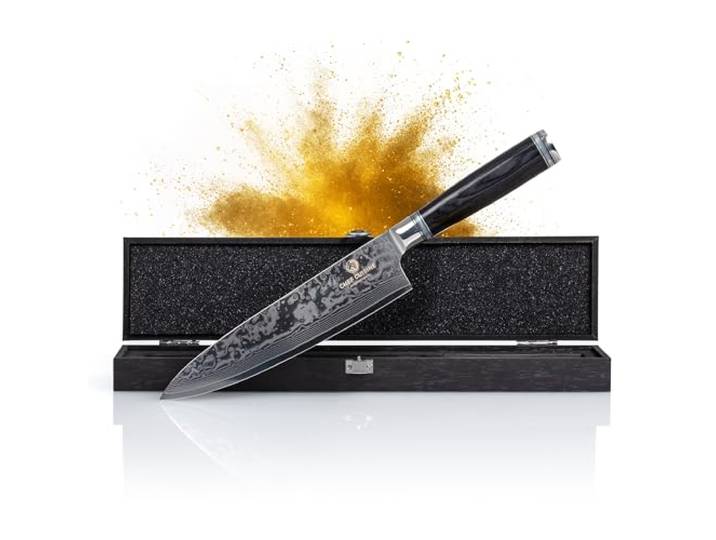 CHEF CUISINE Damast Chef Messer - Kochmesser handgeschliffen, 20,5 cm Klinge aus 67-lagigem Damaststahl, 60 ±1 HRC-Klingenhärte, in edler Holzschatulle