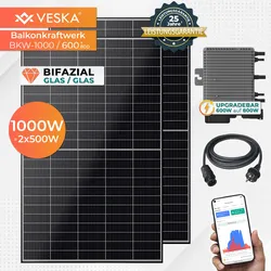 Balkonkraftwerk 1000/600+800W upgradefähig Bifazial Photovoltaik Solaranlage WIFI Smarte Mini-PV Anlage