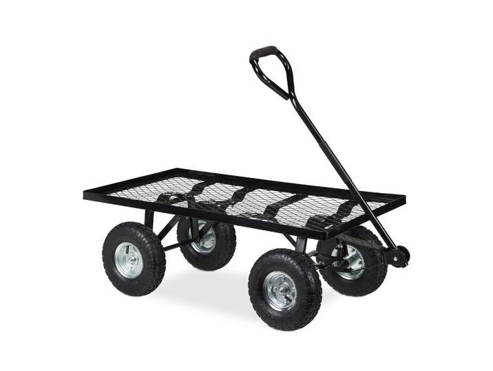 Relaxdays Handwagen Schwarz Silber Stahl Luftbereifung 200 kg, Metall, Kunststoff, 51x34.5x96 cm, Gartenzubehör, Gartenpflege