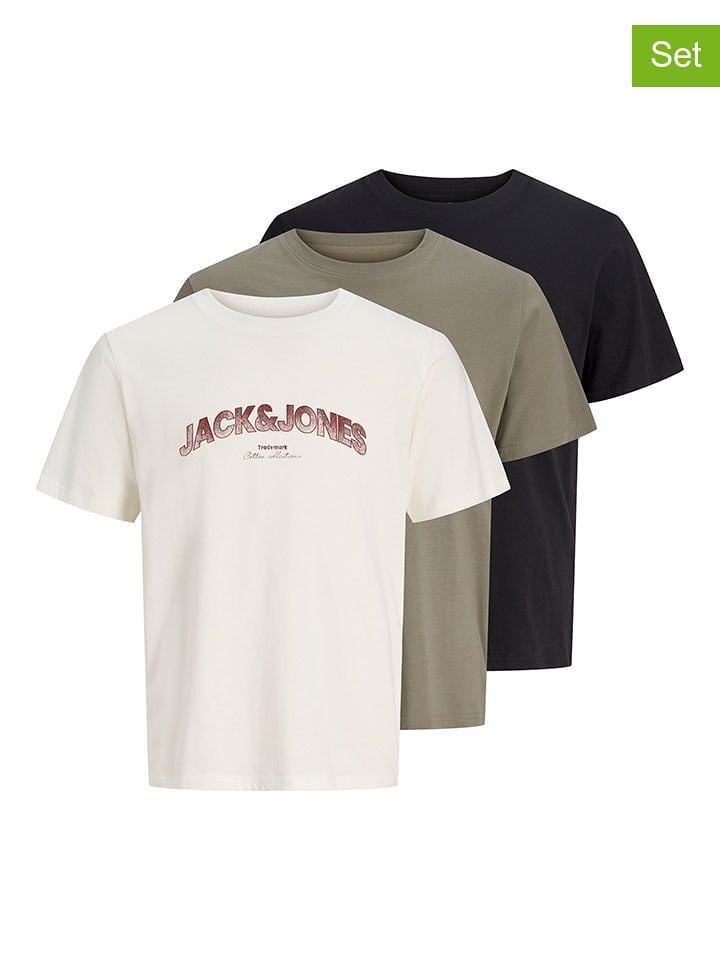 Jack & Jones 3er-Set: Shirts in Schwarz/ Creme/ Khaki - M