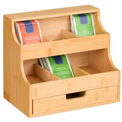 Relaxdays Tee Organizer mit Schublade 9 Fächer Hellbraun