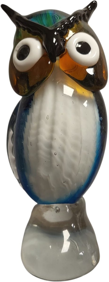 Glassculptuur Uil in Groen/Blauw - Kristalglas - B: 9 cm, D: 12 cm, H: 21 cm