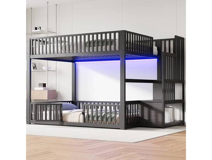 Metallbett Etagenbett 140x200 mit LED-Licht & Leiter & Stauraum, Schwarz Multifunktionales Kinderbett Etagenbett 140x200 mit LED-Beleuchtung, Leiter, Stauraum und Rausfallschutz, Ohne Matratze