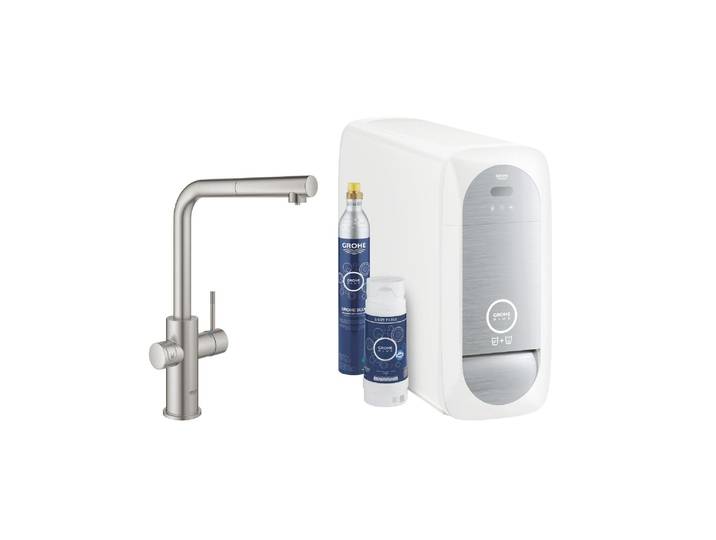 Küchenarmatur GROHE Blue Home L-Auslauf Starter Kit , silber (supersteel), B:40cm H:64,5cm, Messing, Armaturen, Küchenarmatur