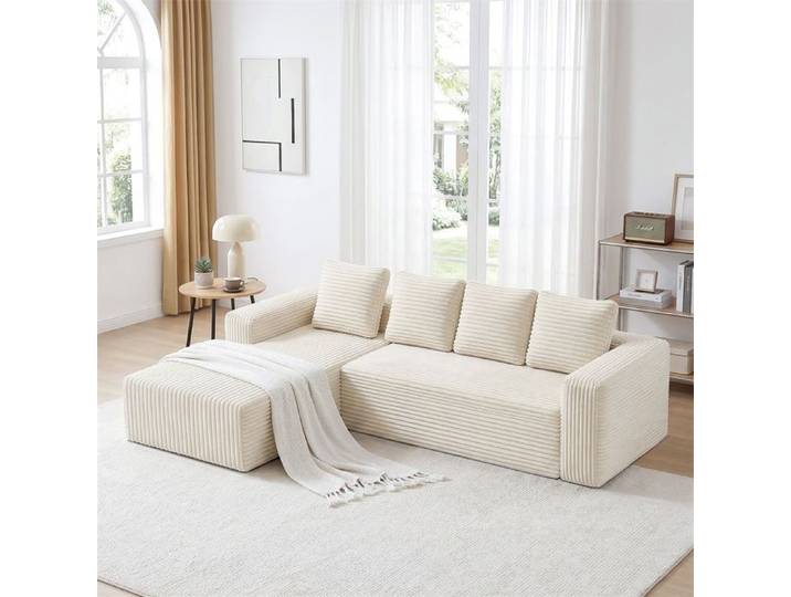 DRIPEX Canapé d'angle modulaire avec méridienne en L Canapé 4 places en velours côtelé moelleux avec 4 coussins Beige 261×171×58cm