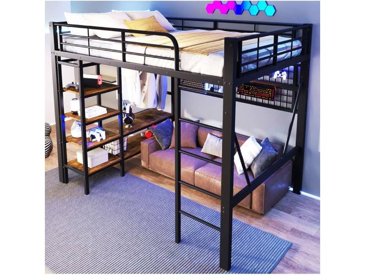 VUENOR Lit mezzanine 140 x 200 cm noir – LED rangement sans matelas