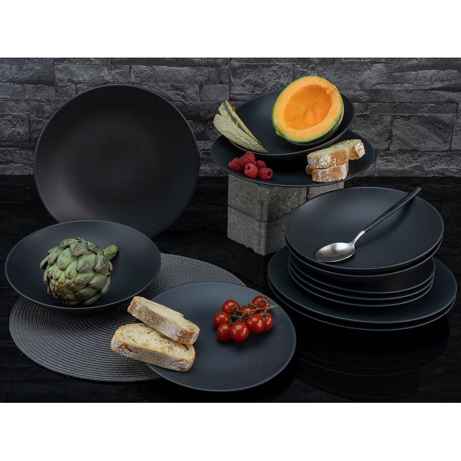 CreaTable 12-delige diner service Soft Touch Black zwart steengoed B/D/H: 30 x 31 x 34 cm