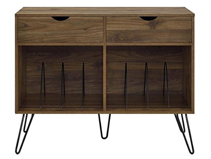 Harmony Plattenständer Walnussoptik, 99 x 43 x 79 cm, Schallplattenregal mit 2 Schubladen und offenen Fächern, Plattenspieler Tisch im Mid-Century-Design mit Metallbeinen
