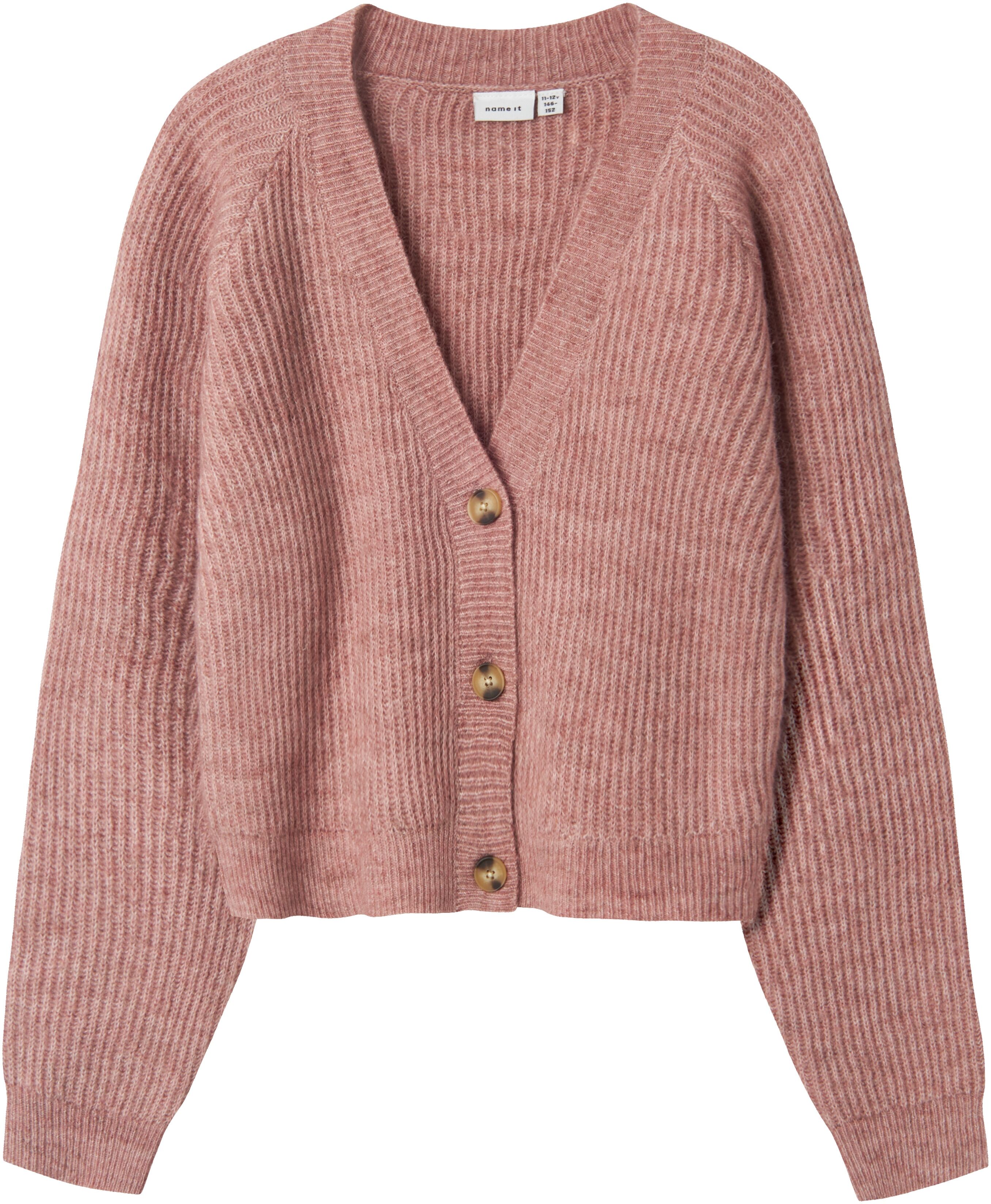 Strickjacke NAME IT "NKFHOLLY BOXY SHORT KNIT CARD NOOS", Mädchen, Gr. 116, rosa (deauville mauve), Strick, Obermaterial: 79% Polyester, 13% Polyacryl, 5% Wolle, 3% Elasthan, unifarben, normal hüftlang, tiefer V-Ausschnitt, Strickbündchen, Strickjacken St