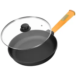 BRIZOLL Ø24cm Gusseisenpfanne 47mm hoch mit Holzgriff und Glasdeckel Induktion Bratpfanne
